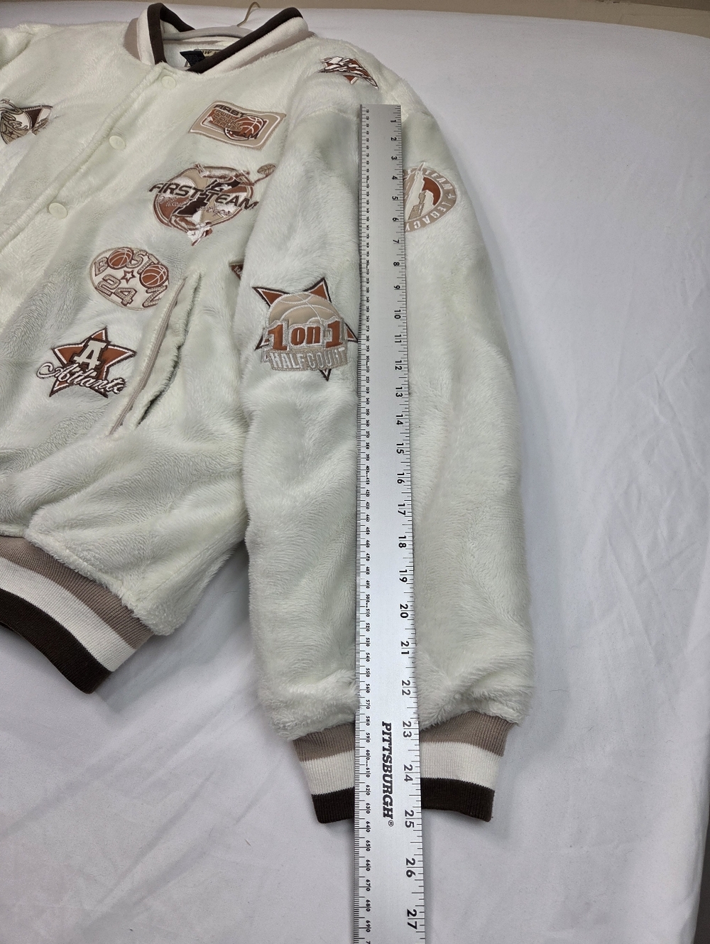 Raw Blue Classics Varsity Jacket 2XL Faux Fur Sherpa Bomber Y2K Basketball Patch - Picture 9 of 13